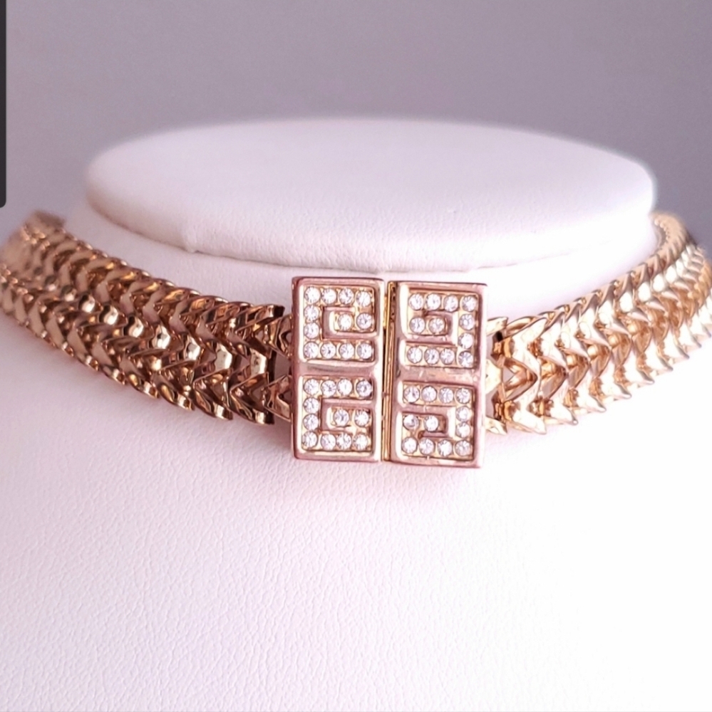 Vintage Givenchy Necklace Crystal Logo Gold Chain Choker Necklace